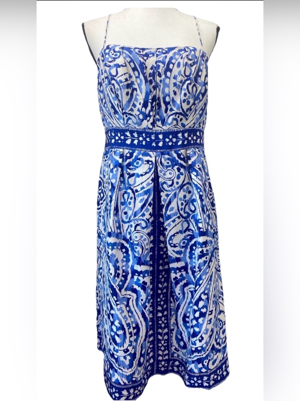 Harold's blue & white paisley dress spaghetti strap 100% Silk size 10 lined